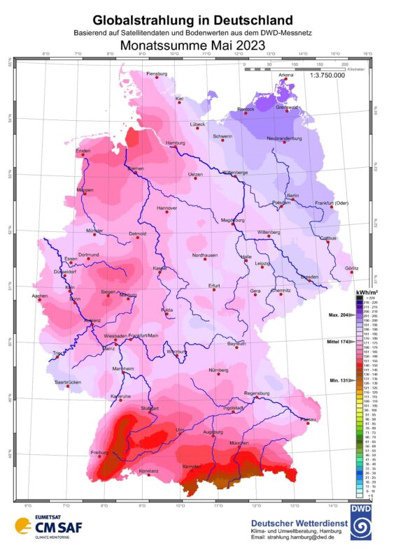 Zu sehen ist eine Deutschland-Karte mit der Sonneneinstrahlung in Deutschland im Mai 2023.