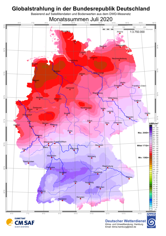 Karte der Sonneneinstrahlung über Deutschland im Juli 2020