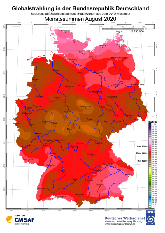 Deutschlandkarte mit den Daten zur Sonneneinstrahlung in Deutschland im August 2020