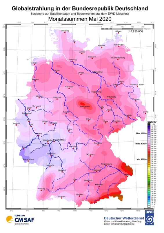 Zu sehen ist eine Karte, die die Sonneneinstrahlung in Deutschland im Mai 2020 zeigt.