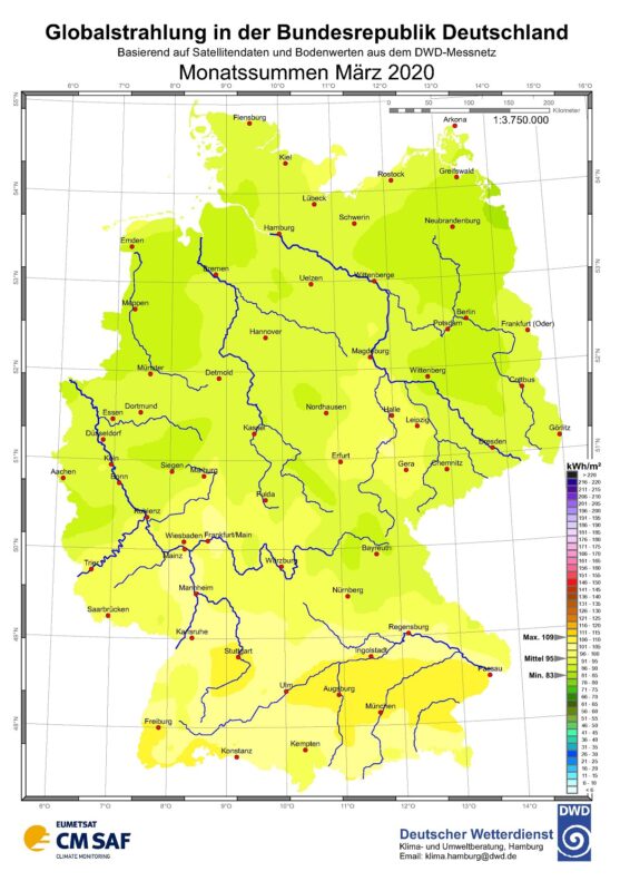 Die Karte zeigt die Sonneneinstrahlung in Deutschland im März 2020