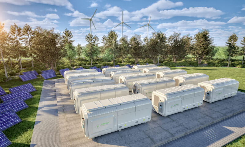 Speicher-Strategie: 3D-Rendering einer Gruppe von Energiespeichersystemen oder Batteriecontainer-Einheiten mit Null-Emissionen.