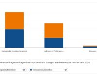 Ein Balkendiagramm zeigt die Leistung in Gigawatt für Stromnetz-Anschlussanfragen und Netzanschlusszusagen für Batteriespeicher in Deutschland im Jahr 2024.