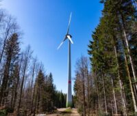 Eine Windenergieanlage steht im Wald zwischen Bäumen.