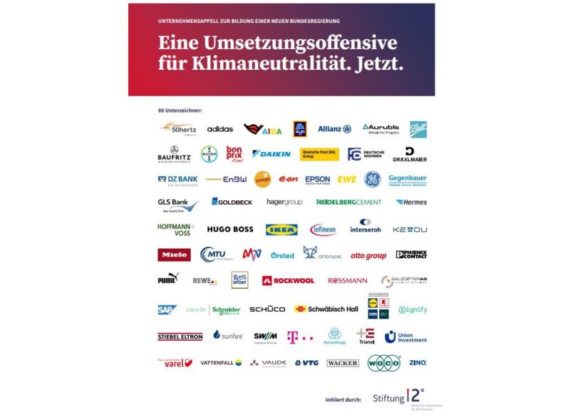 Zu sehen sind die Firmenlogos der Unternehmen, die den Appell zur Umsetzungsoffensive für Klimaneutralität in Deutschland unterzeichnet haben.