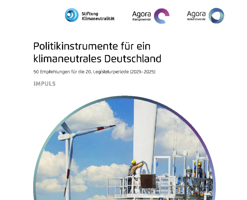 Zu sehen ist das Deckblatt der Handlungsempfehlungen für den Klimaschutz von Stiftung Klimaneutralität, Agora Energiewende und Agora Verkehrswende.