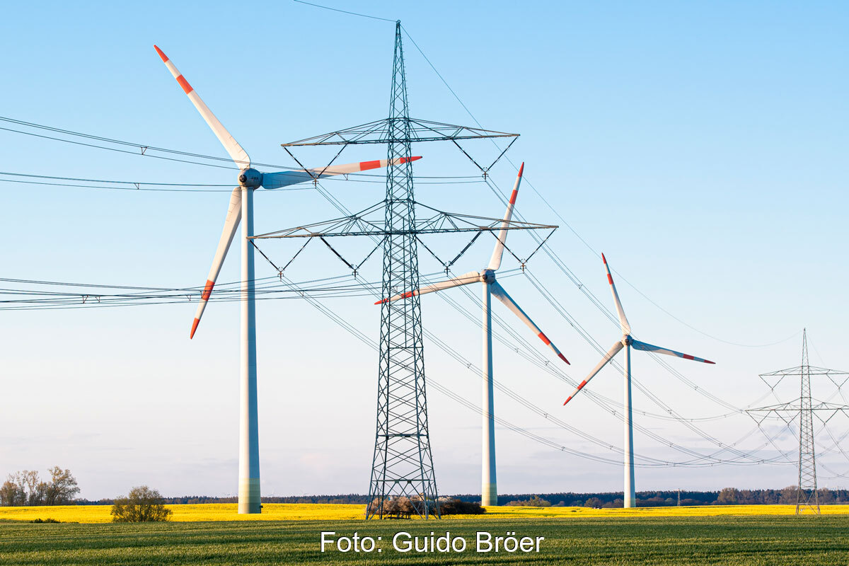 Hochspannungs-Strommast vor drei Windenergieanlagen. Symbolbild für Netzentgelte für Erzeugungsanlagen