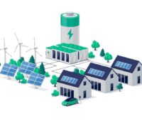 Grafik zeigt Stromspeicher, Häuser, Wind- und Photovoltaik-Anlagen als Symbol für Stromspeicher-Strategie.