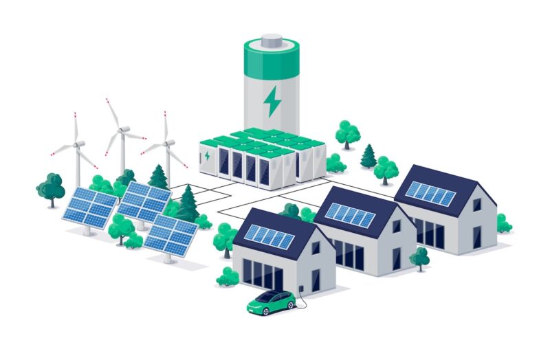 Grafik zeigt Stromspeicher, Häuser, Wind- und Photovoltaik-Anlagen als Symbol für Stromspeicher-Strategie.