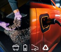 Links „Black Mass“ aus zerkleinerten Batterieelektroden, rechts ein neues E-Auto mit Lithiumhydroxid aus gebrauchten Elektroautobatterien.
