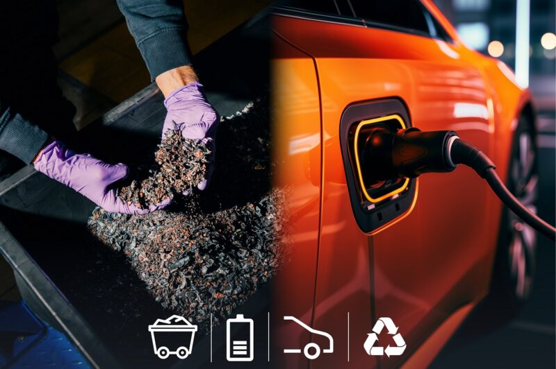 Links „Black Mass“ aus zerkleinerten Batterieelektroden, rechts ein neues E-Auto mit Lithiumhydroxid aus gebrauchten Elektroautobatterien.