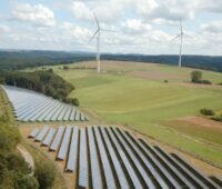 Eine PV-Park und Windenergieanlagen in flacher Landschaft.