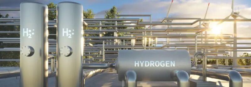 Zu sehen ist eine symbolische Darstellung für die Gewinnung von Wasserstoff aus Biogas.