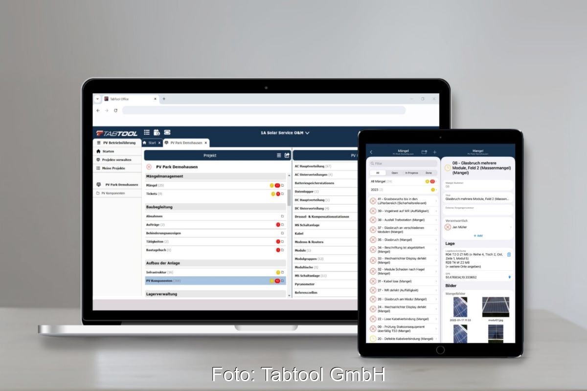 Oberflächen von Software Tabtool PV Construction.