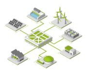 Zu sehen ist eine symbolische Darstellung für ein Virtuelles Kraftwerk wie das der Next Kraftwerke GmbH.