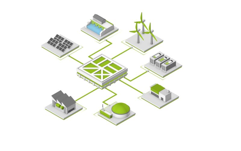 Zu sehen ist eine symbolische Darstellung für ein Virtuelles Kraftwerk wie das der Next Kraftwerke GmbH.