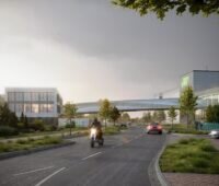 Im Bild ist eine Visualisierung der geplanten Gigafactory für Batteriespeicher und des Forschungs- und Entwicklungszentrums von Tesvolt zu sehen.