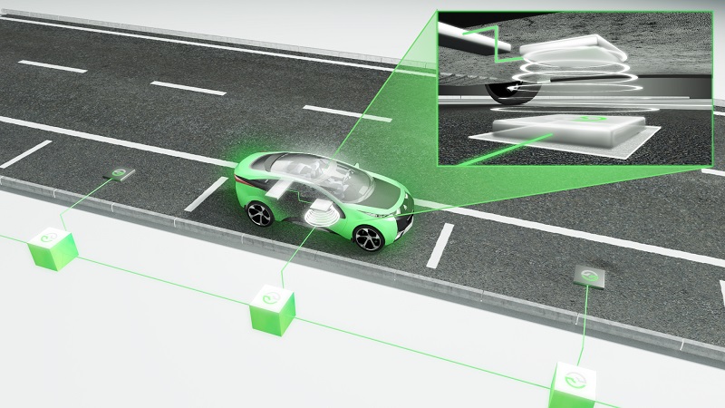 Zu sehen ist eine schematische Darstellung, die induktives Laden von E-Autos zeigt.