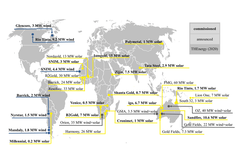 Weltkarte mit Angaben zu Solar- und Windnutzung in Minen