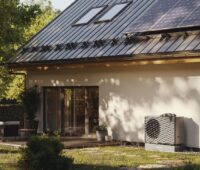 Im Bild ein Haus mit Wärmepumpe, Thermondo konzentriert sich auf klimaneutrales Heizen.