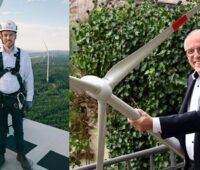 Zwei Portraifotos: Thomas Schuwald auf einer Windenergieanlage, Andreas Markowsky mit dem Modell einer solchen Anlage.