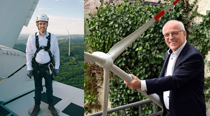 Zwei Portraifotos: Thomas Schuwald auf einer Windenergieanlage, Andreas Markowsky mit dem Modell einer solchen Anlage.