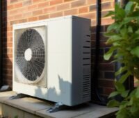 Das Foto zeigt eine hellgraue Wärmepumpe vor einem rot-braunen Klinkergebäude auf einem Betonsockel, rechts daneben Kirschlobeer.