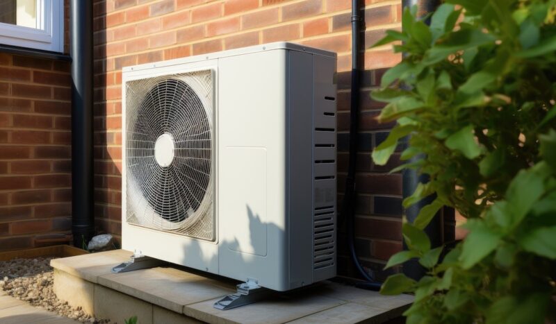 Das Foto zeigt eine hellgraue Wärmepumpe vor einem rot-braunen Klinkergebäude auf einem Betonsockel, rechts daneben Kirschlobeer.