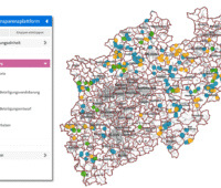 Screenshot von der Online-Transparenzplattform NRW. Bunte Punkte zeigen die Projekte