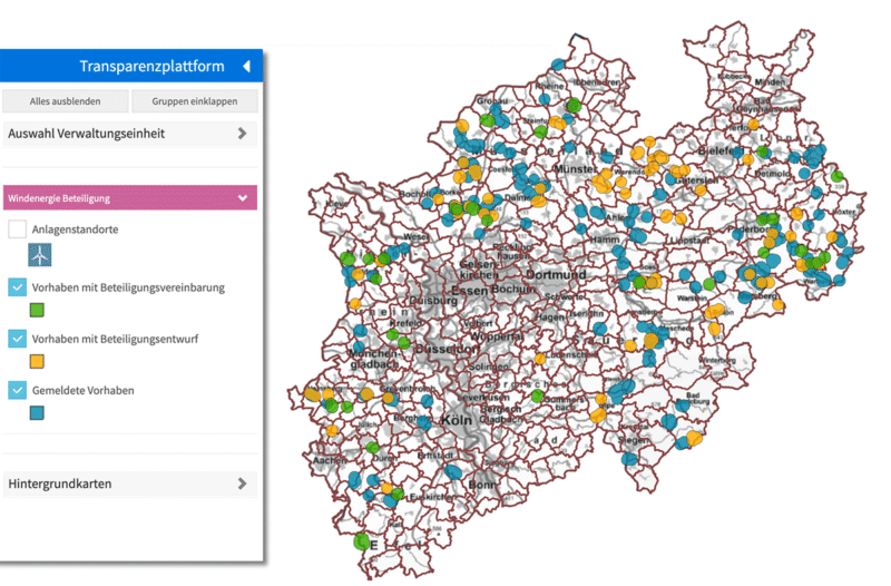 Screenshot von der Online-Transparenzplattform NRW. Bunte Punkte zeigen die Projekte
