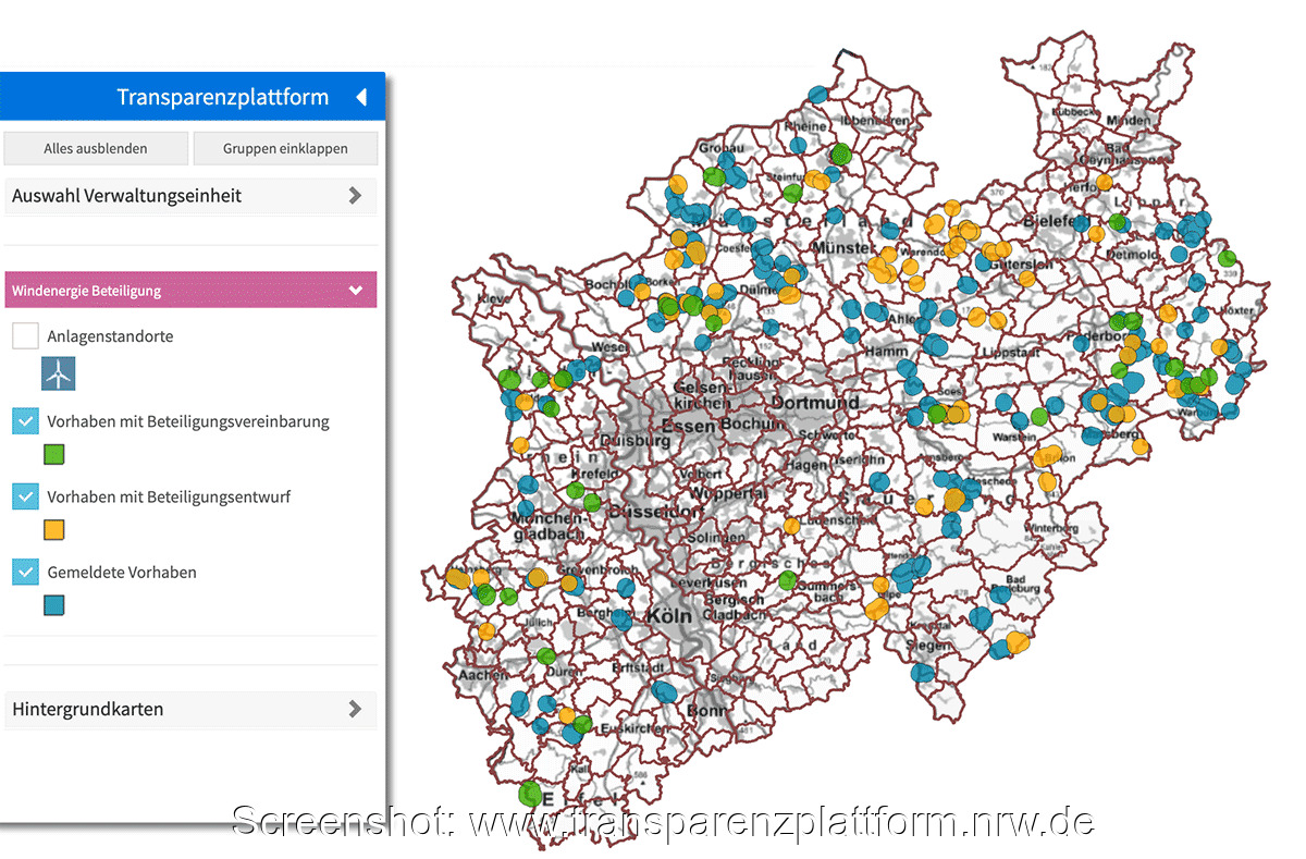 Screenshot von der Online-Transparenzplattform NRW. Bunte Punkte zeigen die Projekte