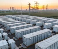 Im Bild Container mit Batteriespeichern, größter Batteriespeicher in Deutschland ist in NRW geplant.