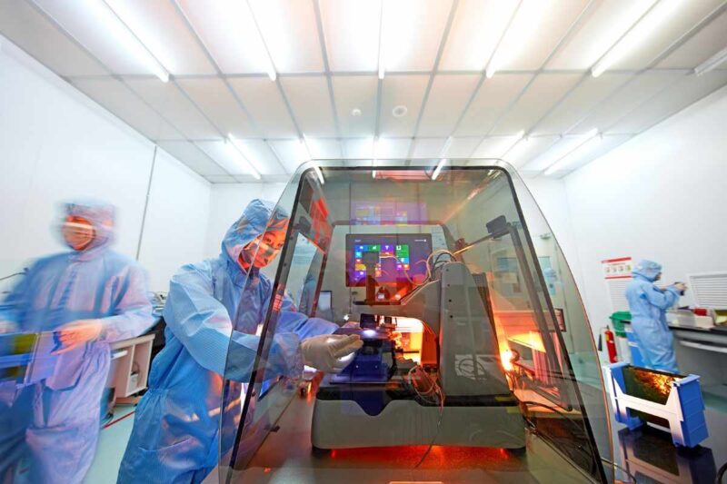 Mehrere Personen in Schutzanzügen bei der Prüfung einer Solarzelle im Labor.