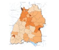 Im Bild eine Landkarte, die die Verteilung beim Photovoltaik-Ausbau in Baden-Württemberg zeigt.