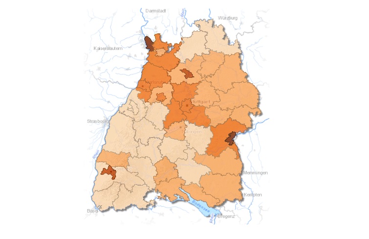 Im Bild eine Landkarte, die die Verteilung beim Photovoltaik-Ausbau in Baden-Württemberg zeigt.