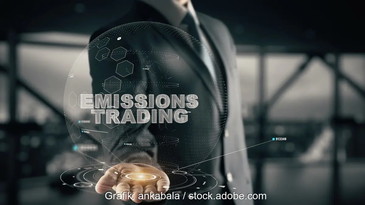 Eine Person streckt die Hand aus, darüber steht Emissions Trading, CO2-Emissionshandel bringt Rekordeinnahmen.