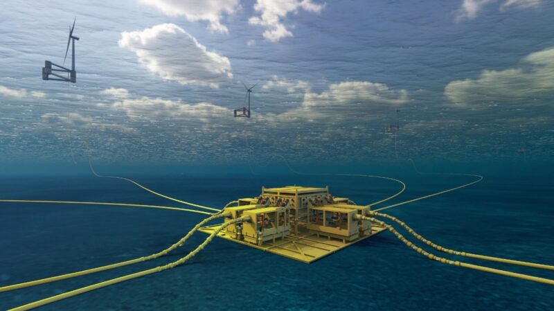Grafik zeigt gelbe Verteilstation unter Wasser, an der Oberfläche spiegelt sich ein Offshore-Windpark.