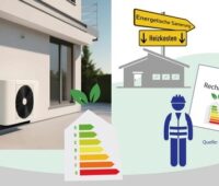 Eine Grafik mit Wärmepumpe symbolisiert die energetische Sanierungsmaßnahmen, eine Musterbescheinigung für Steuerersparnis bei energetischer Gebäudesanierung hat das BMF vorgelegt.