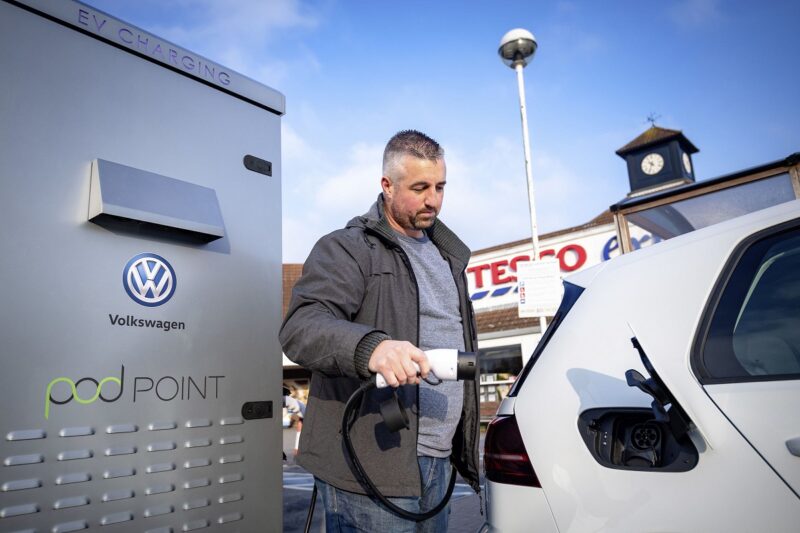 Das Foto zeigt einen Mann beim Laden seines Elektroautos.