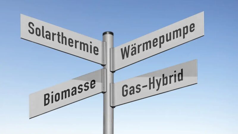 Im Bild ein Straßenschild mit den Aufschriften Solarthermie, Biomasse, Wärmepumpe als Symbol für die Tipps der Verbraucherzentrale NRW zum GEG.