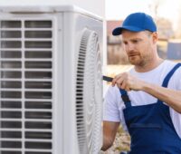 Ein Handwerker montiert eine Luftwärmepumpe.