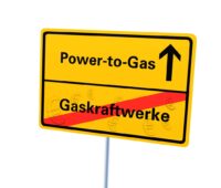 Das Bild zeigt ein Autoverkehrs-Stopschild für Gaskraftwerke und freie Fahrt für Power-to-Gas