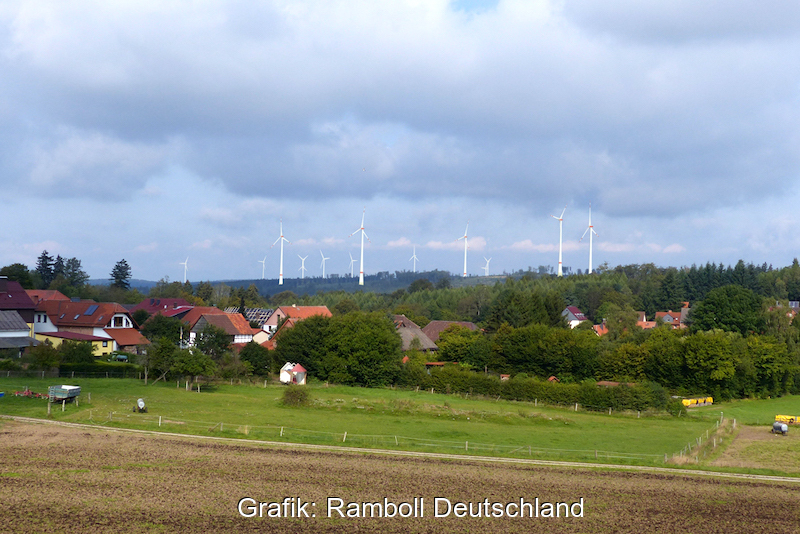 Windpark neben einem Dorf