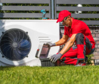 Mann mit rotem Arbeitsanzug und Werkzeugkoffer kniet neben einer Wärmepumpe.