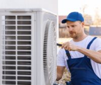 Mann schraubt an Außeneinheit für Wärmepumpe