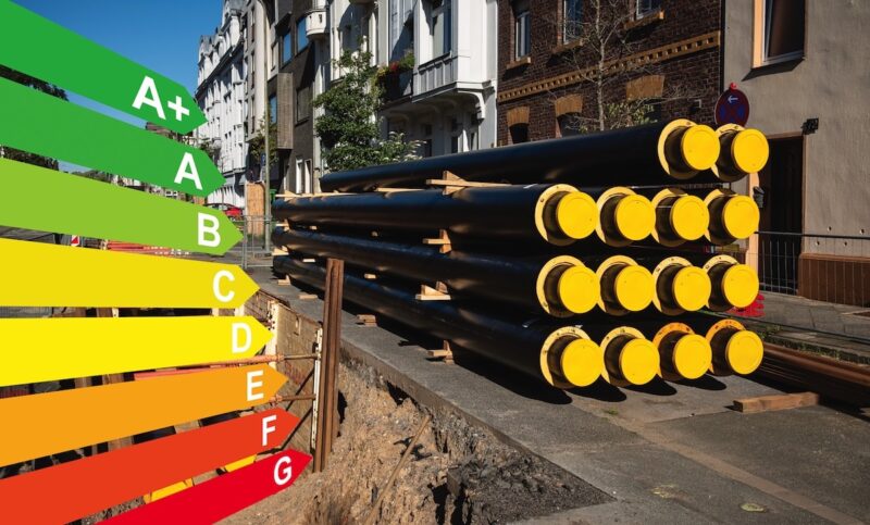 Kommunale Wärmeplanung: Ein Stapel neuer Rohre für Fernwärme an einer Baustelle, Grafik mit Energieeffizienzklassen für Gebäude nach dem GEG, Düsseldorf, Deutschland.