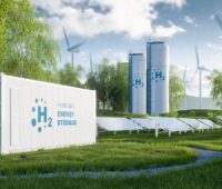 Computer-Illustration zeigt einen Container, mehrere hohe Tanks, Windenergie und Photovoltaik. Symbol für Wasserstoff und Elektrolyse.