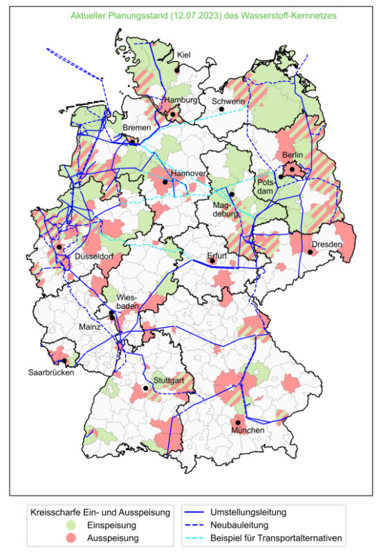 Eine Deutschland-Karte zeigt das aktuell geplante Wasserstoff-Kernnetz