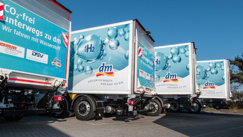 Die Hecks von vier Lkw mit blauem H2-Aufdruck und dm-Logo