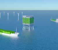 Grafik zeigt Offshore-Windpark, Plattform mit Wasserstoff-Erzeugung und ein Schiff.